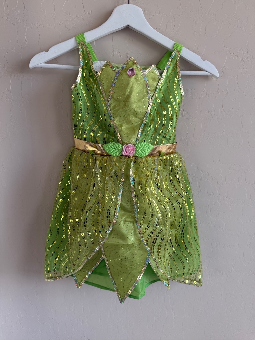 Kids Tinkerbell Halloween Green Fairy Costume Dress Gold Belt Girls 3-4